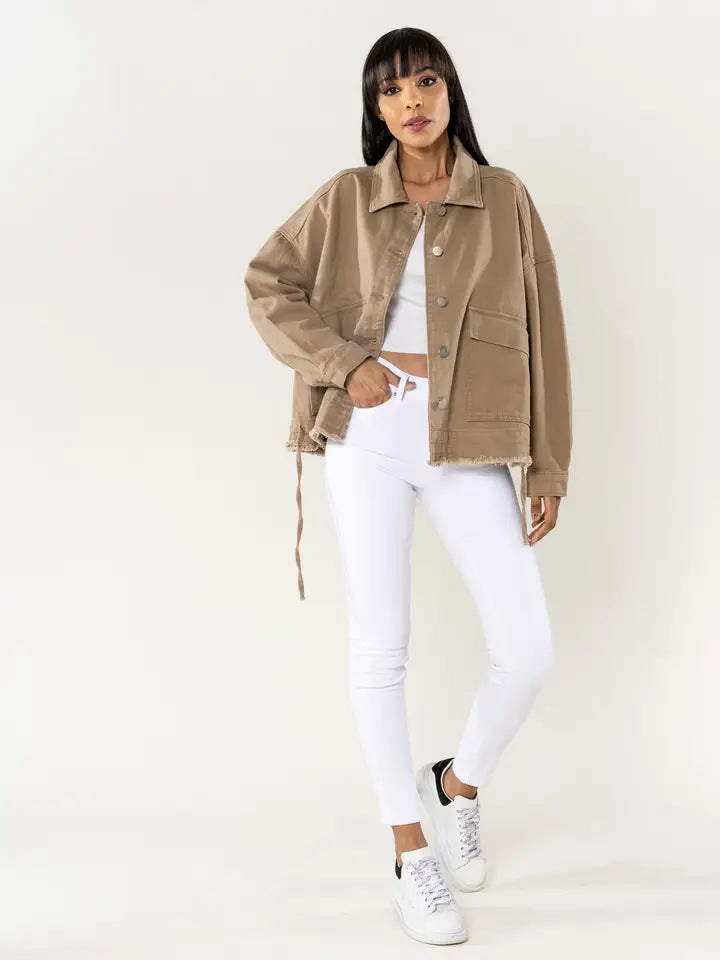 oversized jeansjacke mit kordelzug | camel