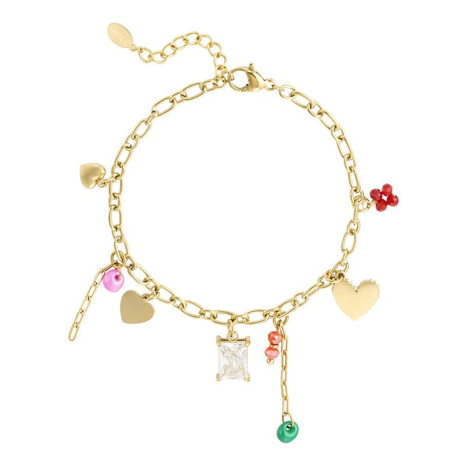 Goldenes Edelstahl-Armband mit Herzen, bunten Perlen & Kristallstein – Lucky Love von Ankerliebe