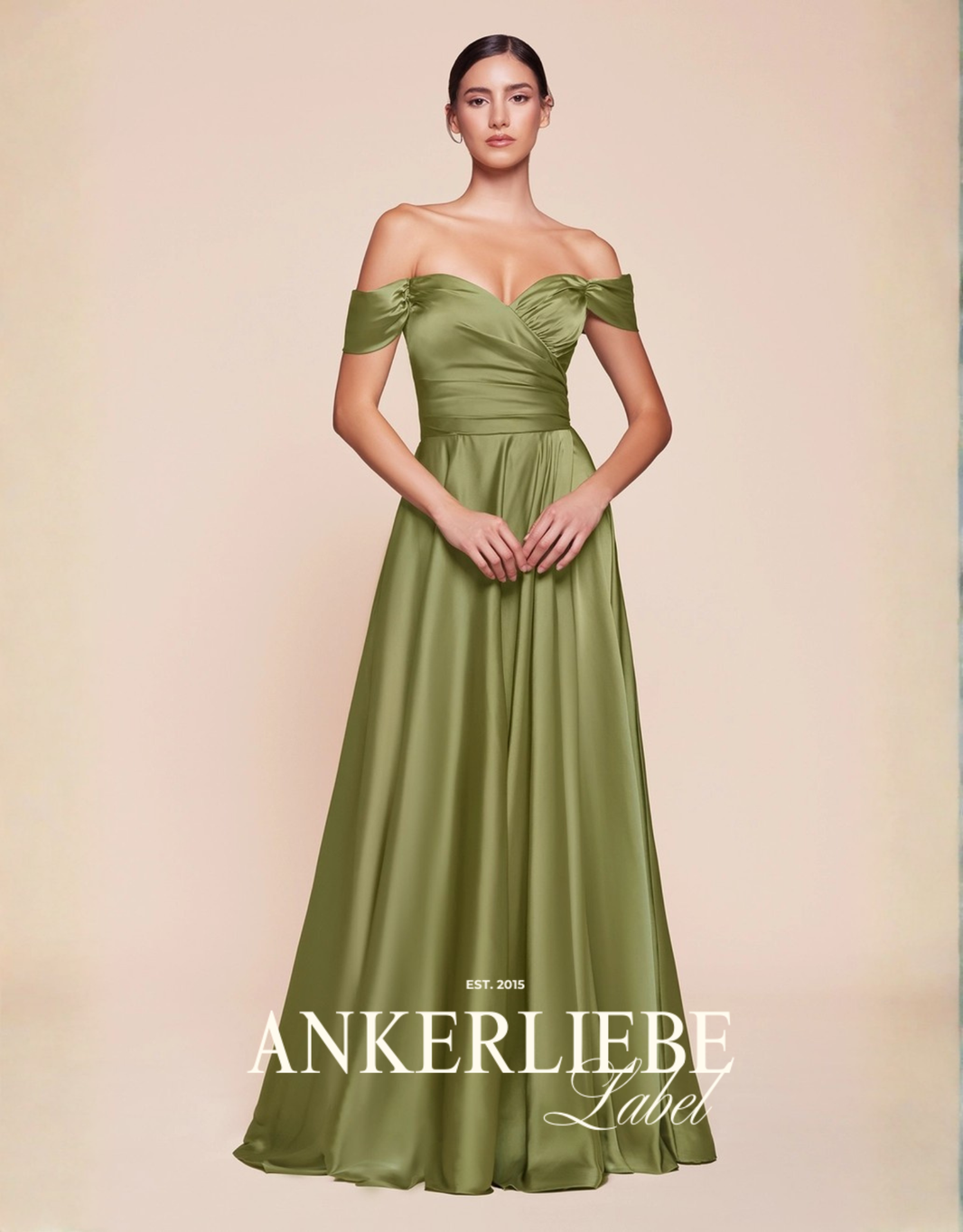 elegantes a-linien-abendkleid mit wickeloptik, herzausschnitt & carmen-trägern | moosgrün