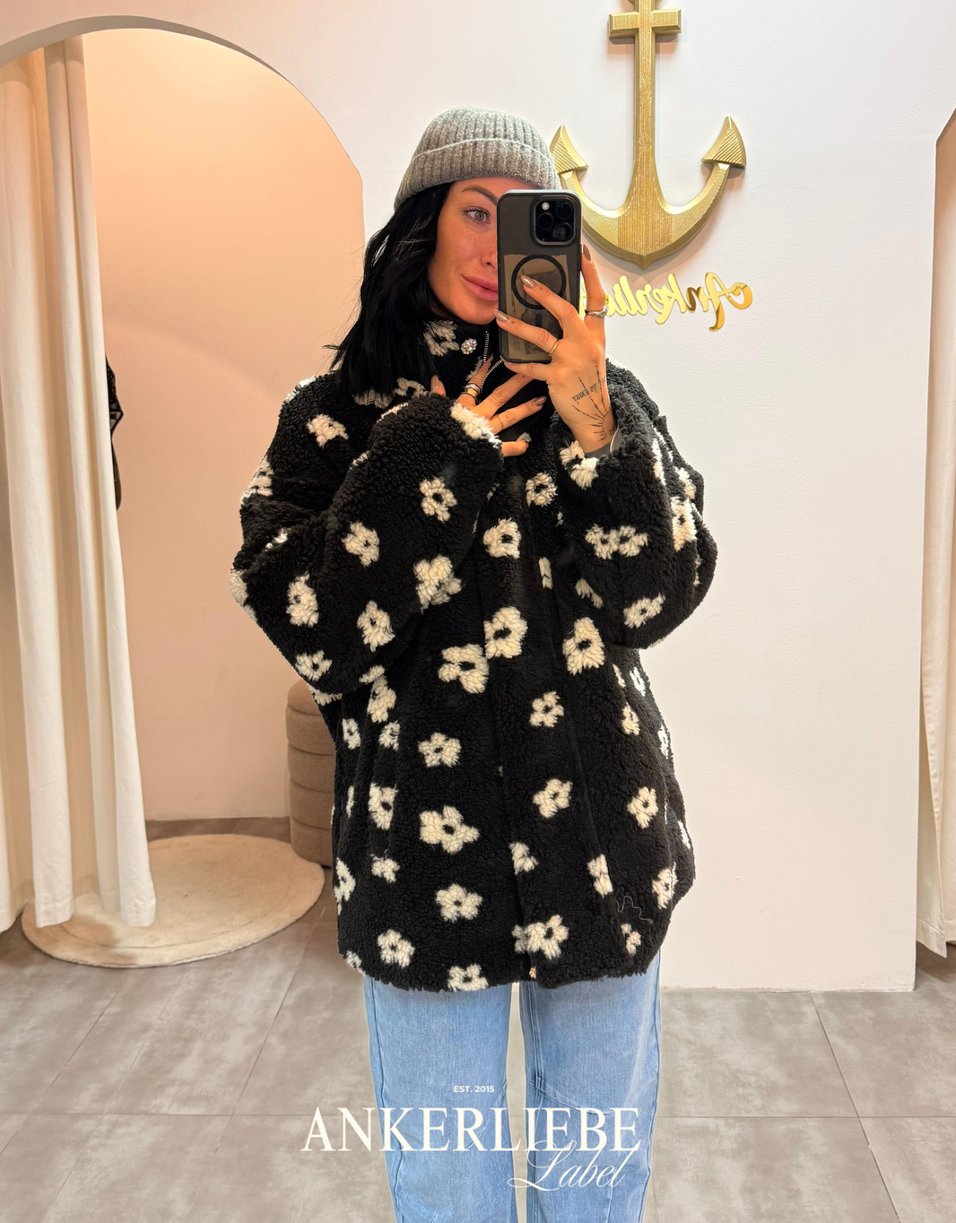 teddy blumenjacke mit zipper | schwarz