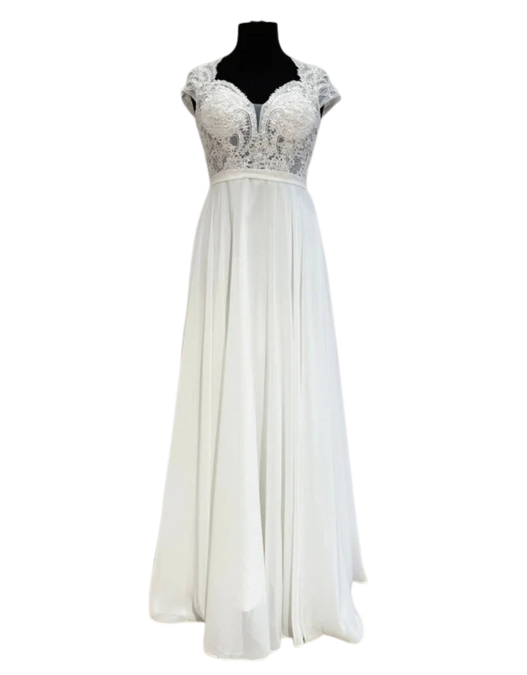 Abendkleid mit Spitzenoberteil, kurzen Ärmeln & geschlossenem Rücken | Weiß