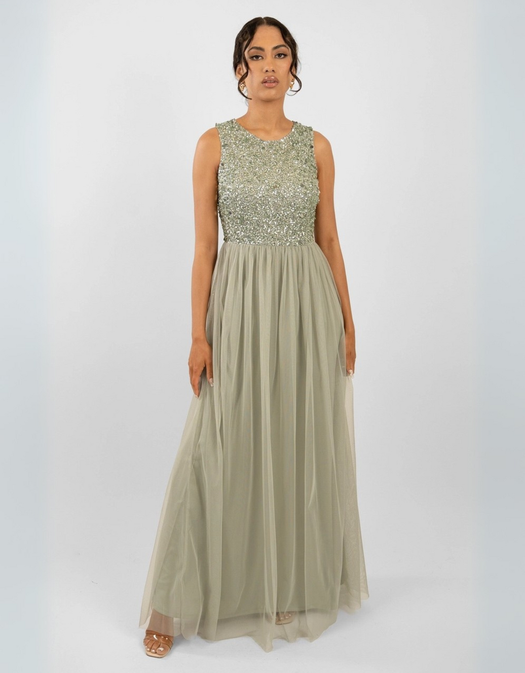 Abendkleid mit Pailletten-Oberteil und fließendem Tüllrock | Salbei