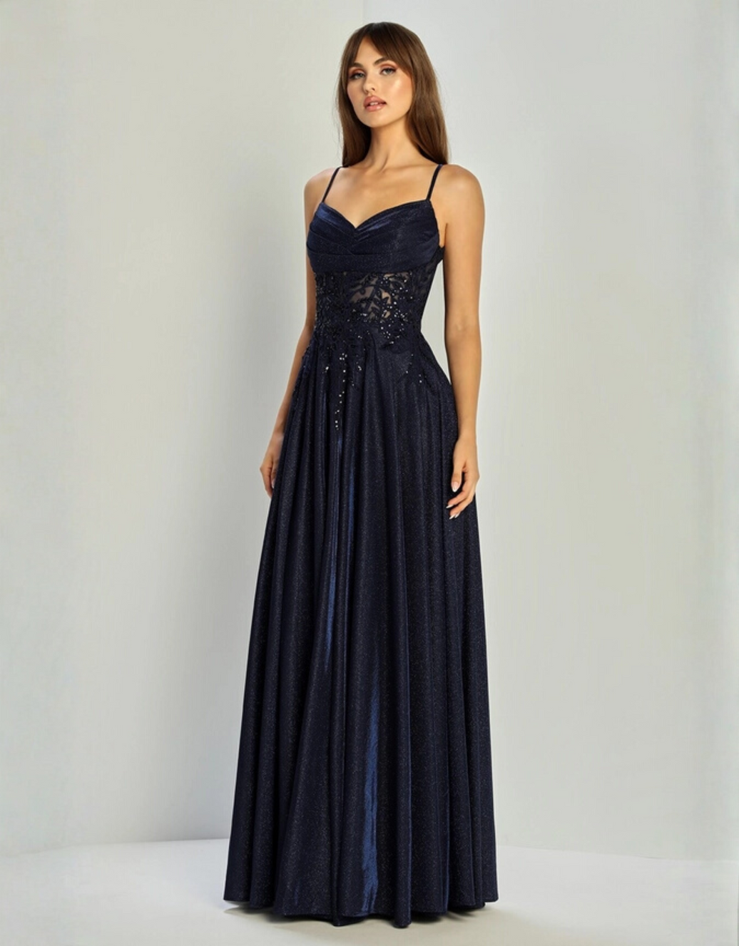 Langes Kleid mit besticktem Oberteil, Rückenschnürung & Glitzerrock | Dunkelblau