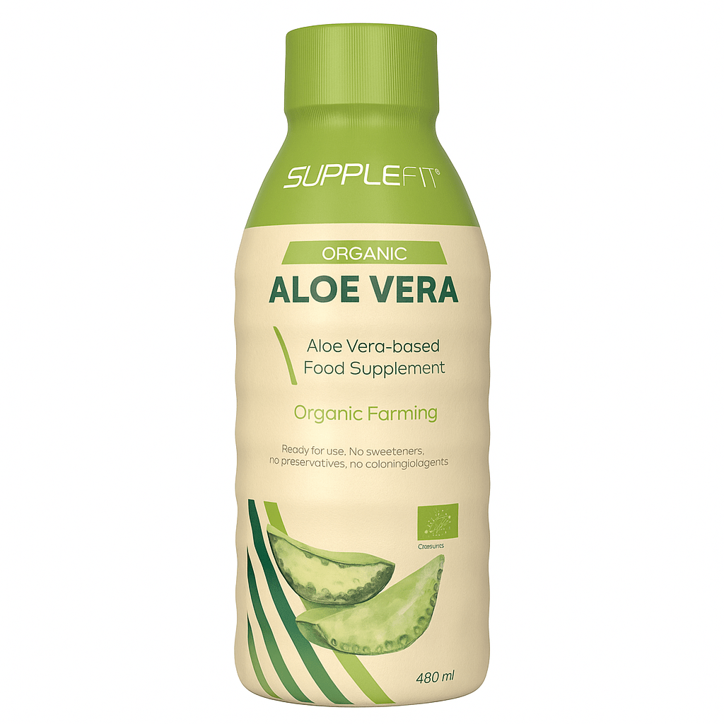 SuppleFit Bio Aloe Vera Saft – 480 ml Flasche, Nahrungsergänzungsmittel aus 100 % Bio-Aloe Vera ohne Zucker und Zusatzstoffe.