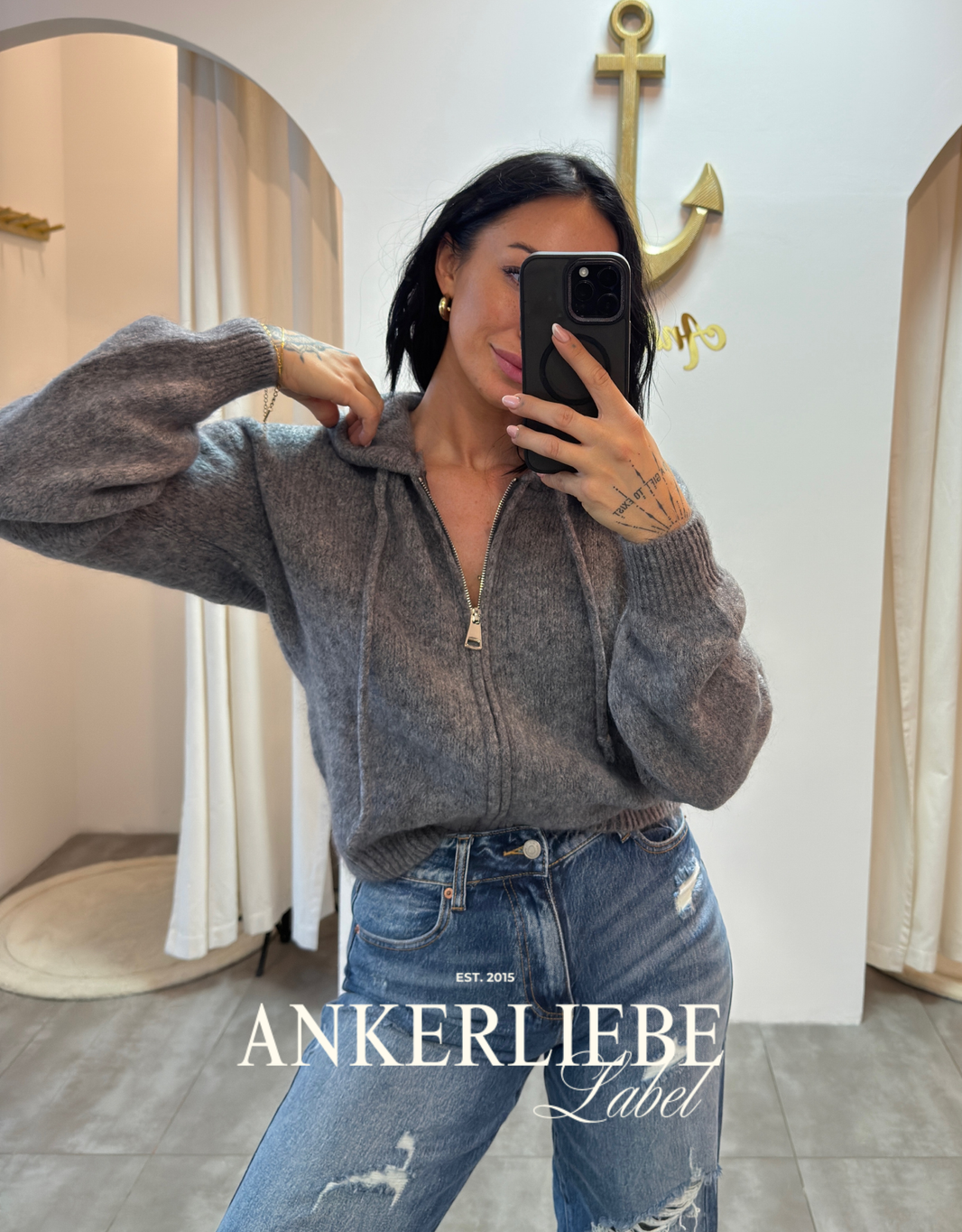 hooded weste mit 30% mohair wolle | wollweste mit zip - grau