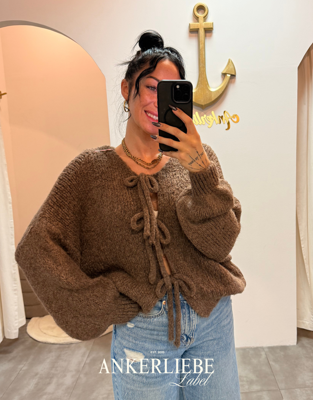 zoey bow | brown cardigan