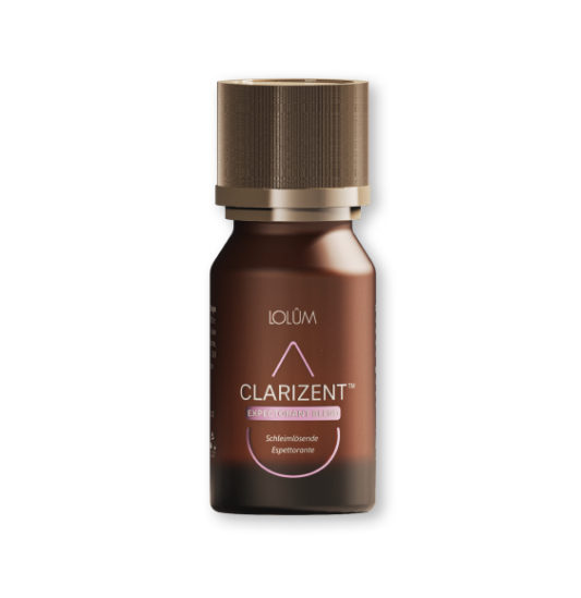 Kleine Glasflasche mit Schraubverschluss, etikettiert mit „CLARIZENT™ – Schleimlösende ätherische Ölmischung“. Natürliche Mischung aus Thymian-, Teebaum- und Weißtannenöl zur Linderung verstopfter Atemwege.