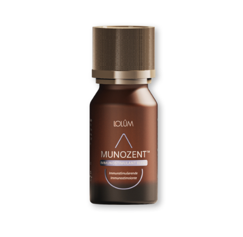 Kleine Braunglasflasche mit Schraubverschluss, etikettiert mit „MUNOZENT™ – Immunstimulierende ätherische Ölmischung“. Natürliche Abwehrkraft mit Eukalyptus, Lavendel & Zitrone.