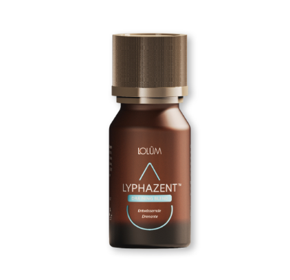 Kompakte Braunglasflasche mit Tropfeinsatz, beschriftet mit „LYPHAZENT™ – Entwässernde ätherische Ölmischung“. Pflanzliche Aromatherapie zur Lymphdrainage und Reduktion von Wassereinlagerungen.