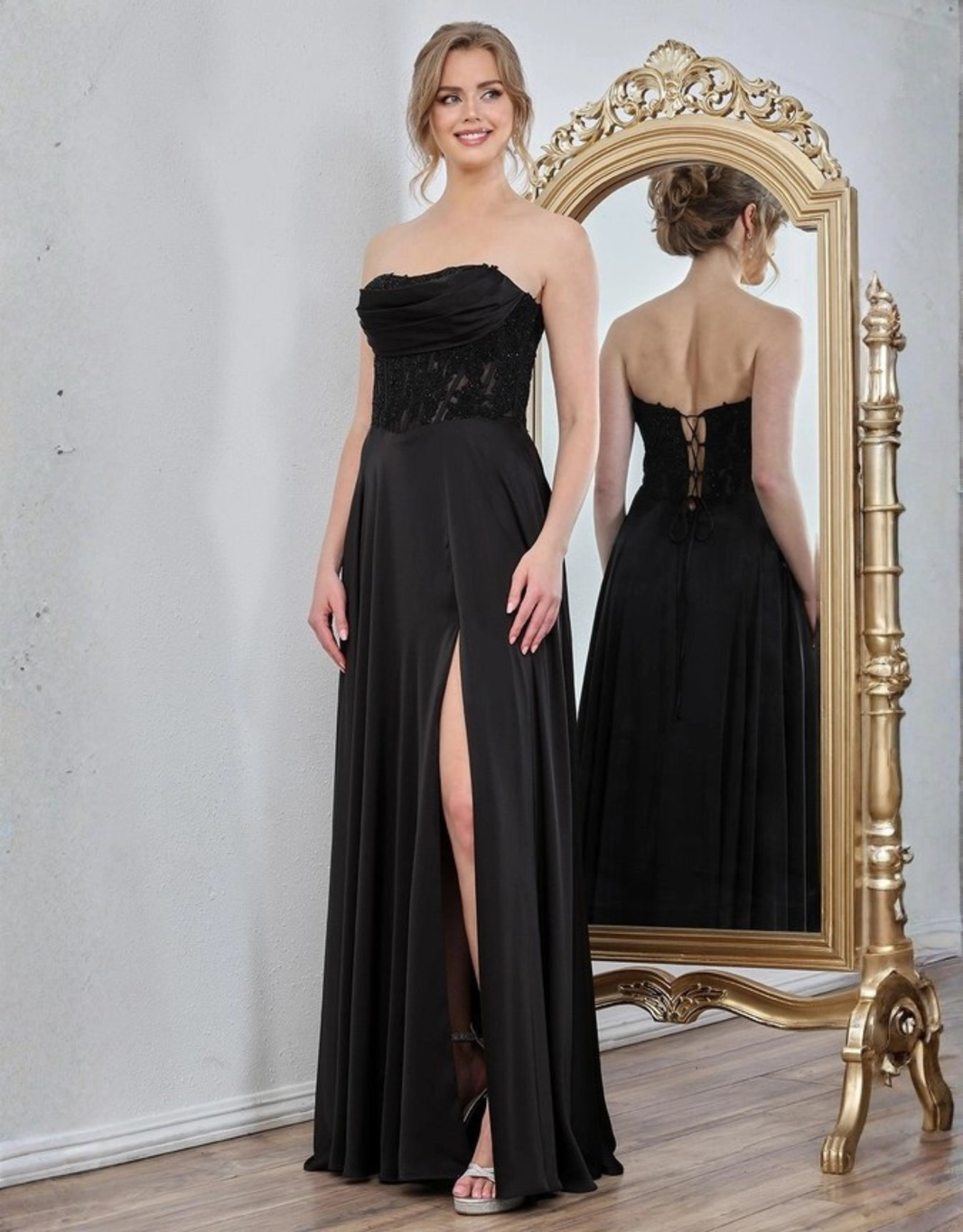 Abendkleid mit drapierter, leicht transparenter Corsage & Beinschlitz | Schwarz