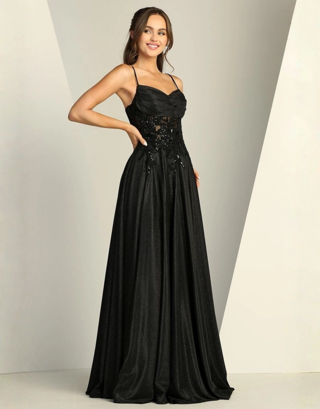 Langes Kleid mit besticktem Oberteil, Rückenschnürung & Glitzerrock | Schwarz