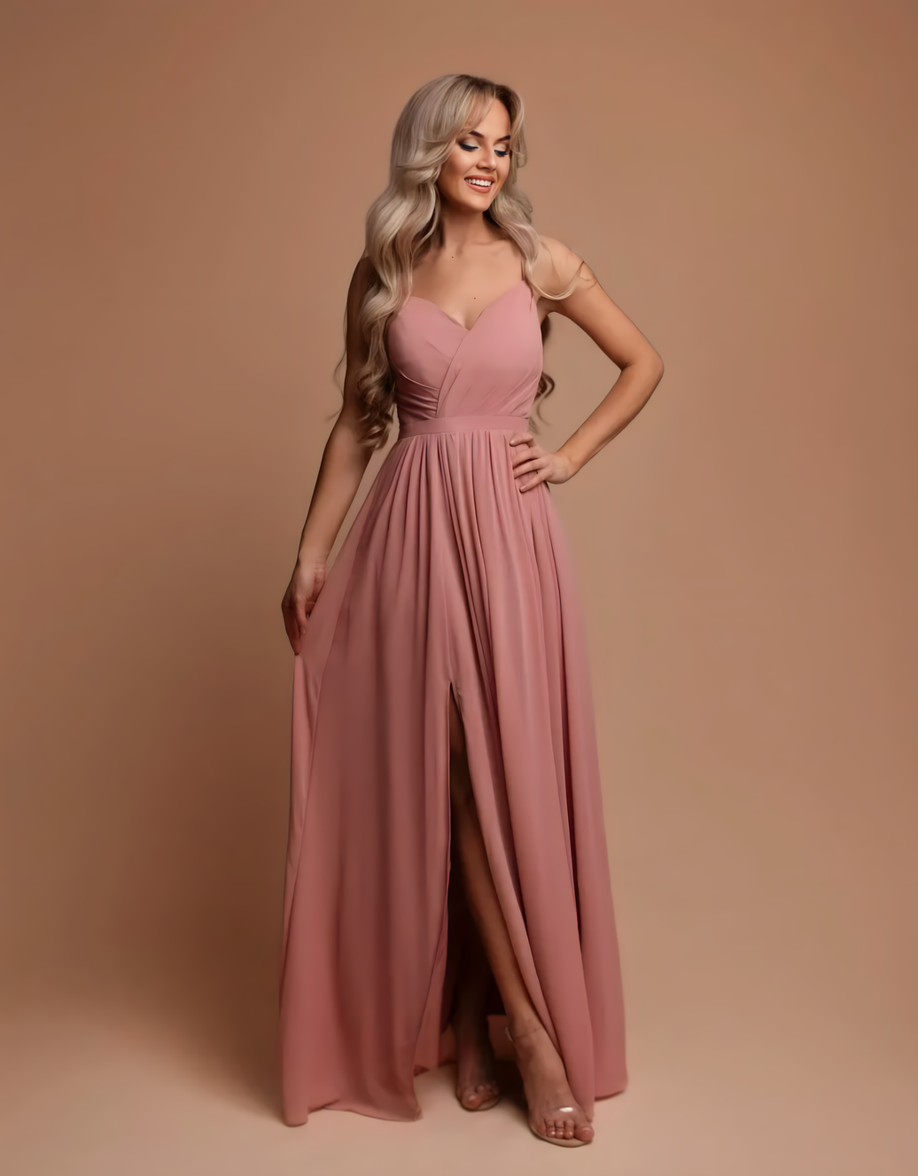 Fließendes Abendkleid mit Beinschlitz und verstellbaren Trägern | Rosa