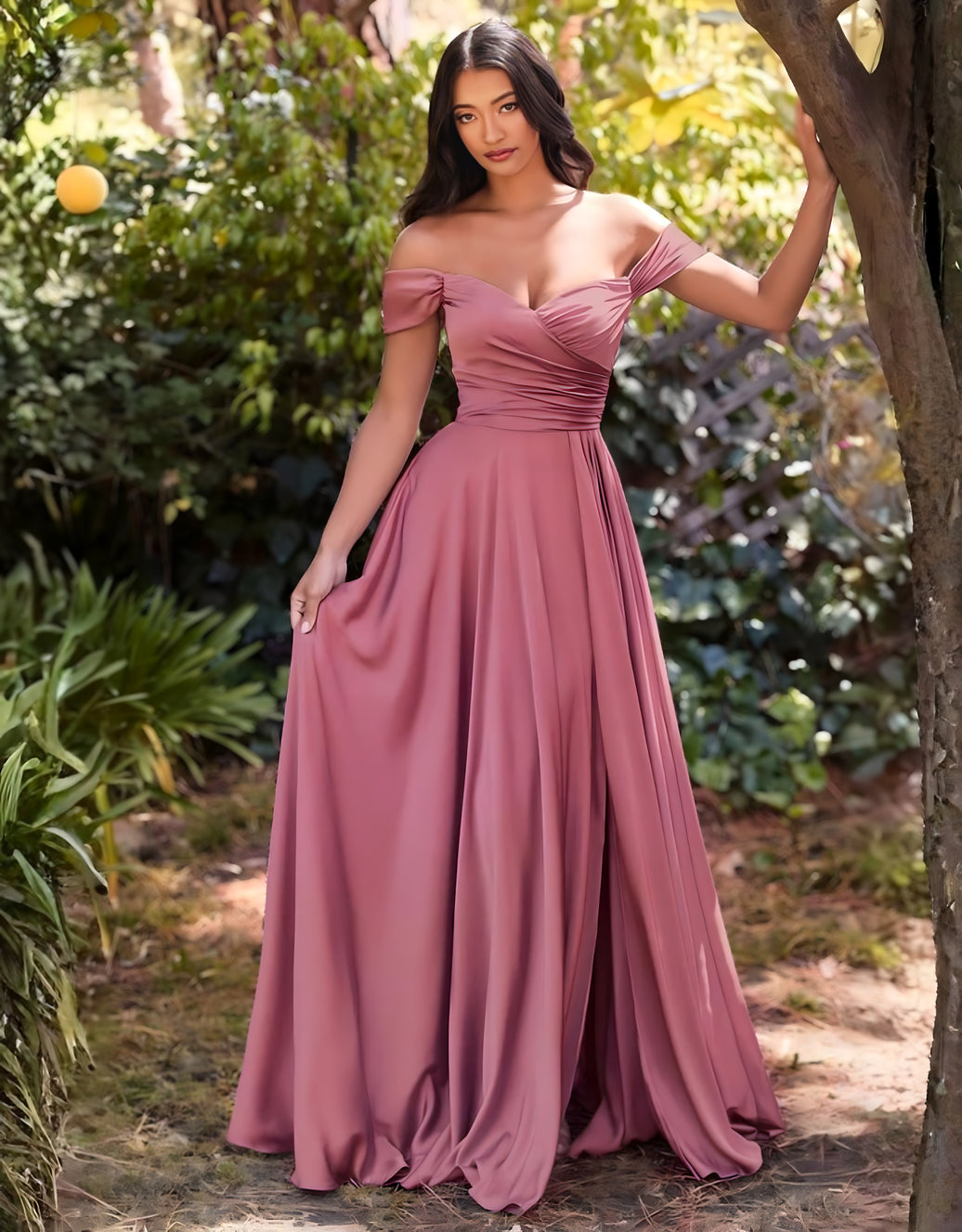 elegantes a-linien-abendkleid mit wickeloptik, herzausschnitt & carmen-trägern | mauve rose