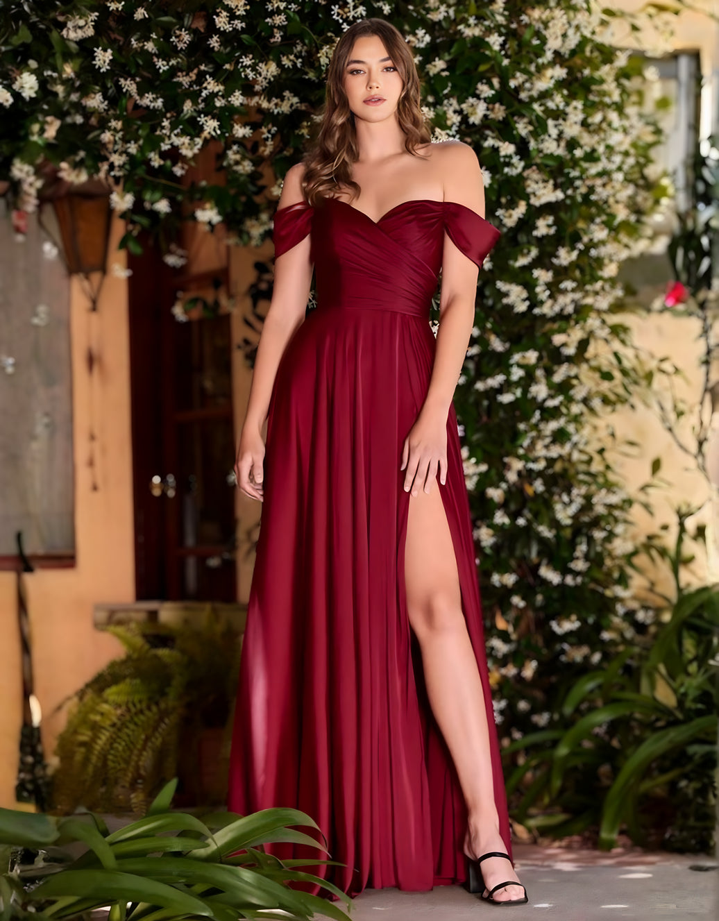 elegantes a-linien-abendkleid mit wickeloptik, herzausschnitt & carmen-trägern | burgund