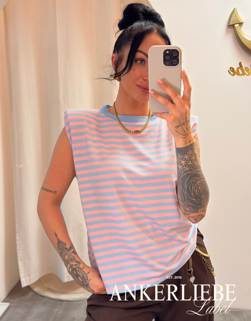 ärmelloses gestreiftes shirt | blau/rosa