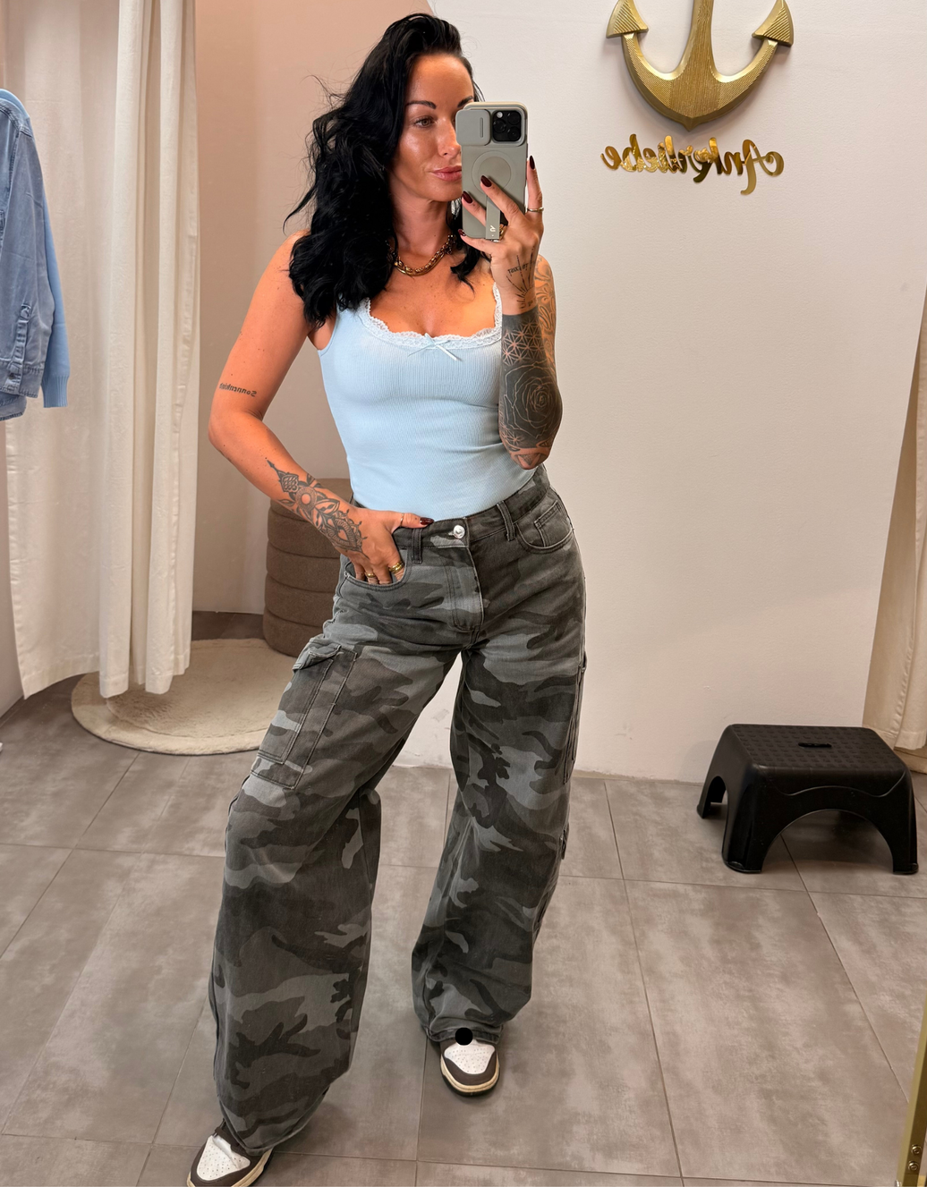 wide leg cargo jean | grey camouflage