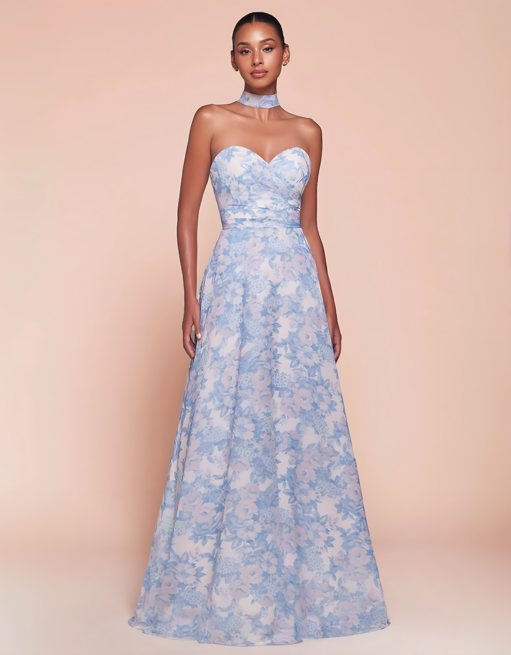 Fließendes Maxikleid mit Herzausschnitt, Blumenmuster und Bindeband am Rücken | Blau