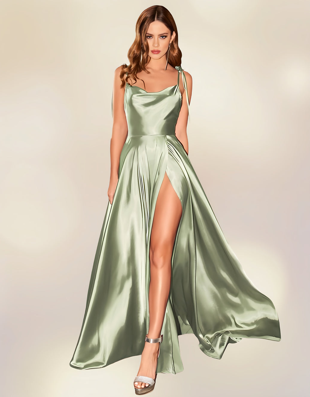elegantes abendkleid mit wasserfallausschnitt, schnürträgern & hohem beinschlitz | salbei