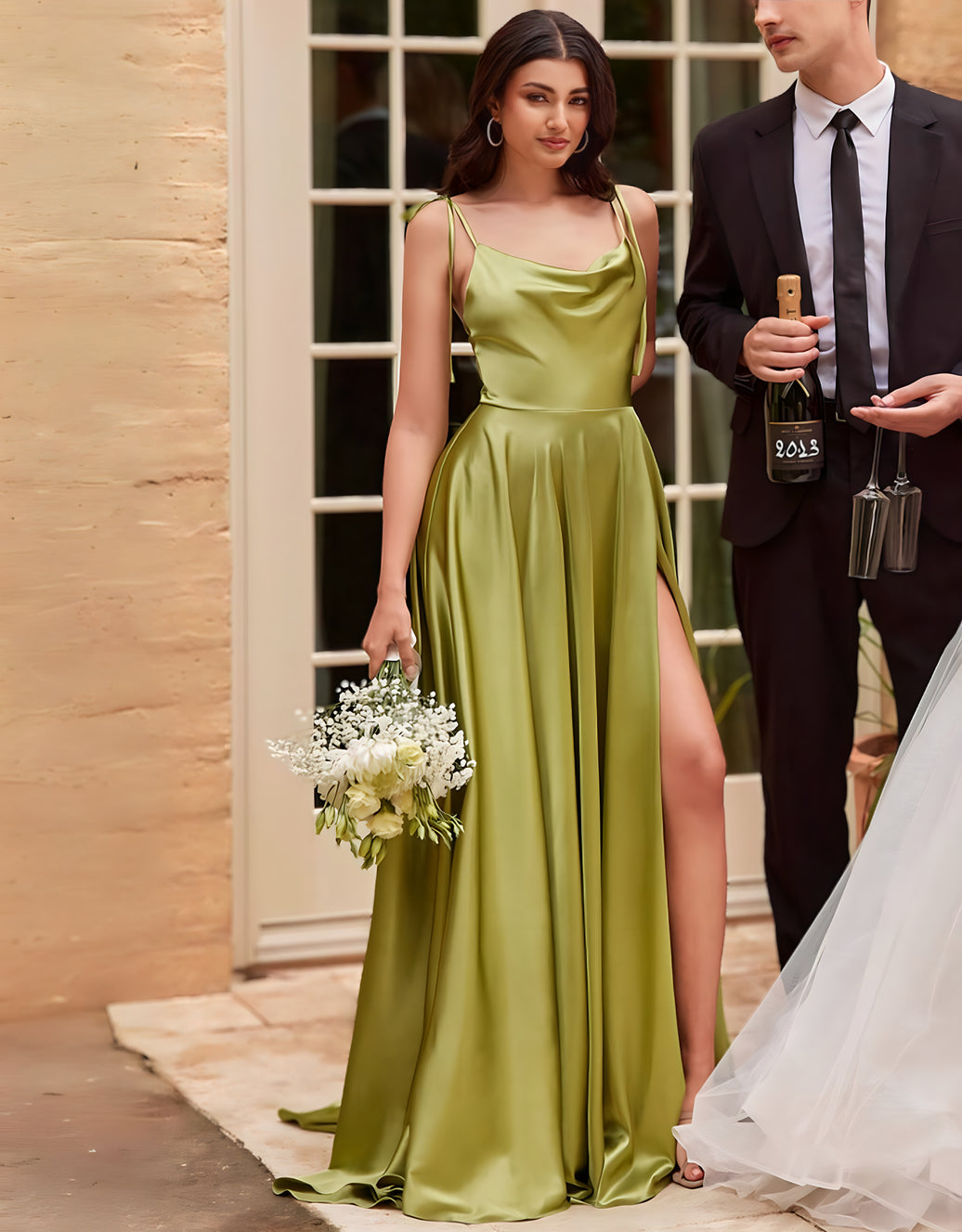 elegantes abendkleid mit wasserfallausschnitt, schnürträgern & hohem beinschlitz | kiwigrün