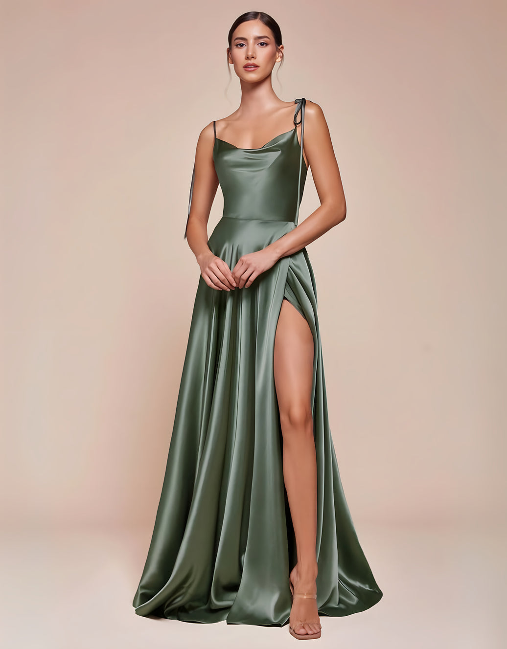elegantes abendkleid mit wasserfallausschnitt, schnürträgern & hohem beinschlitz | moosgrün