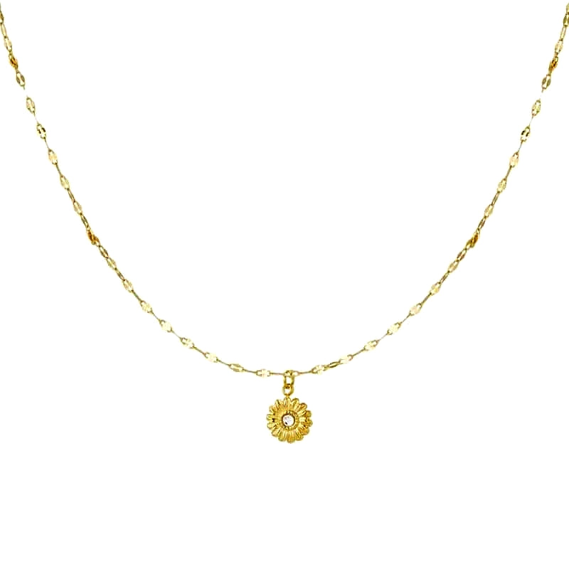 Goldene Edelstahlkette mit Sonnenblumen-Charm und Zirkon auf weißem Hintergrund