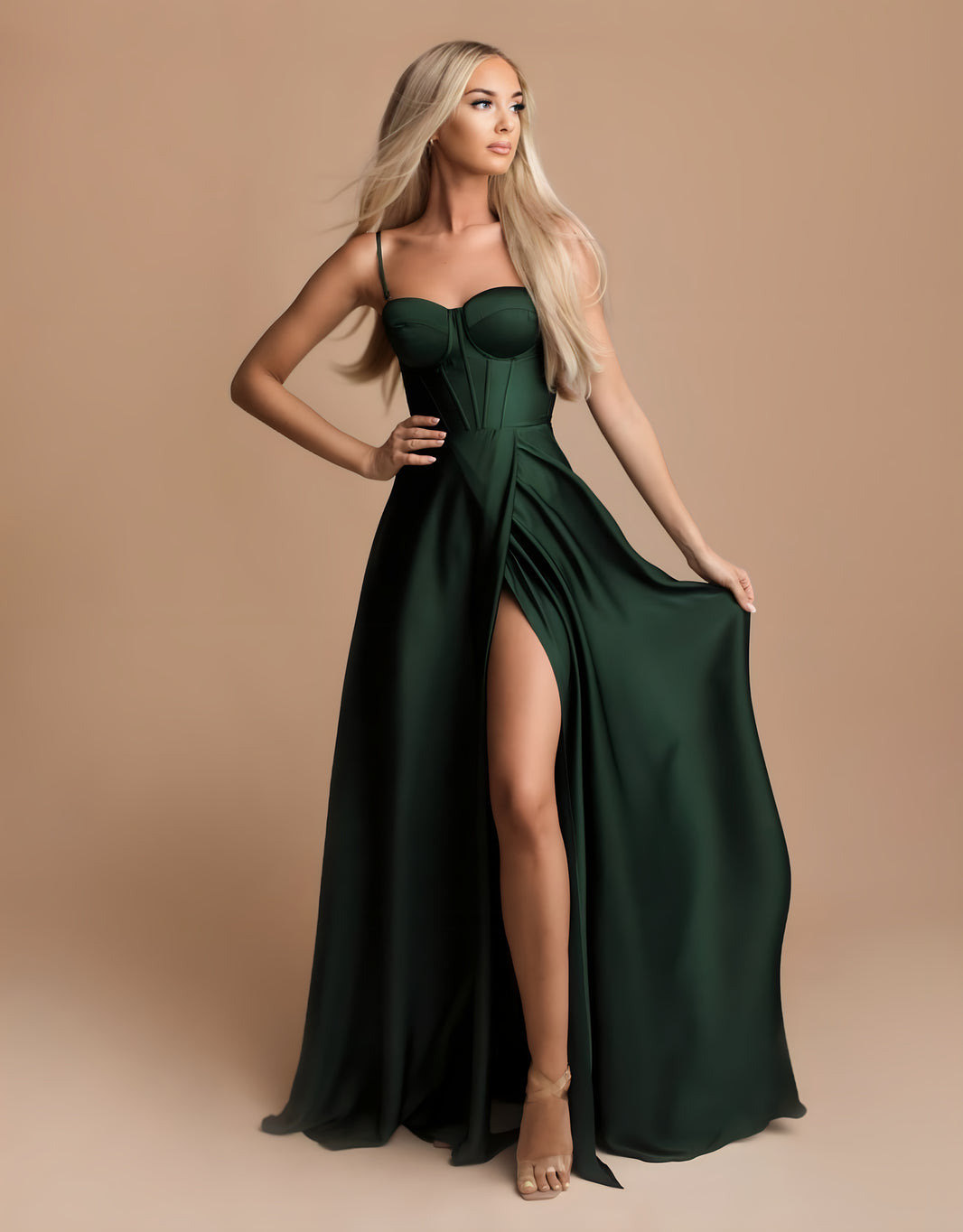 Abendkleid mit Corsage, Rückenschnürung und hohem Beinschlitz | Smaragd