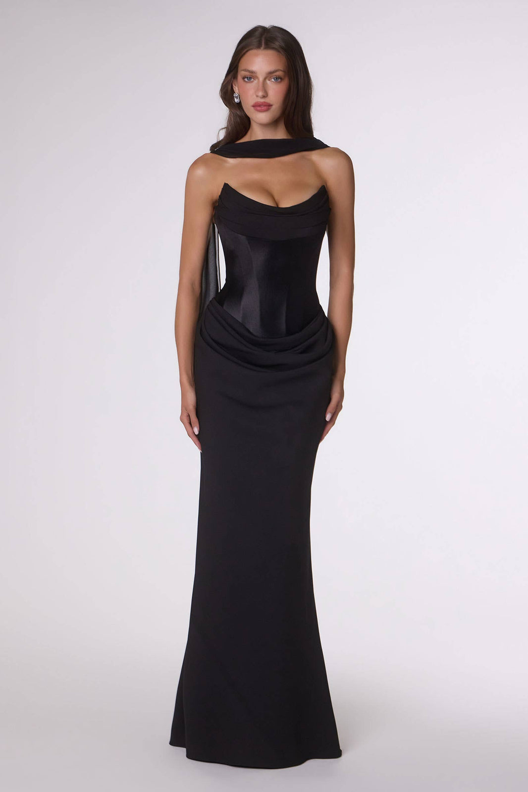Trägerloses, strukturiertes Satinkleid mit Korsett-Rücken | Schwarz