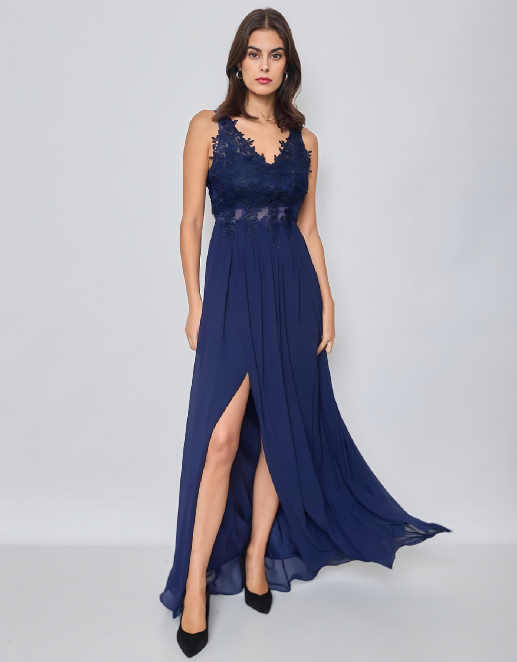 Elegantes Abendkleid mit Spitze, offenem Rücken und Beinschlitz | Marineblau