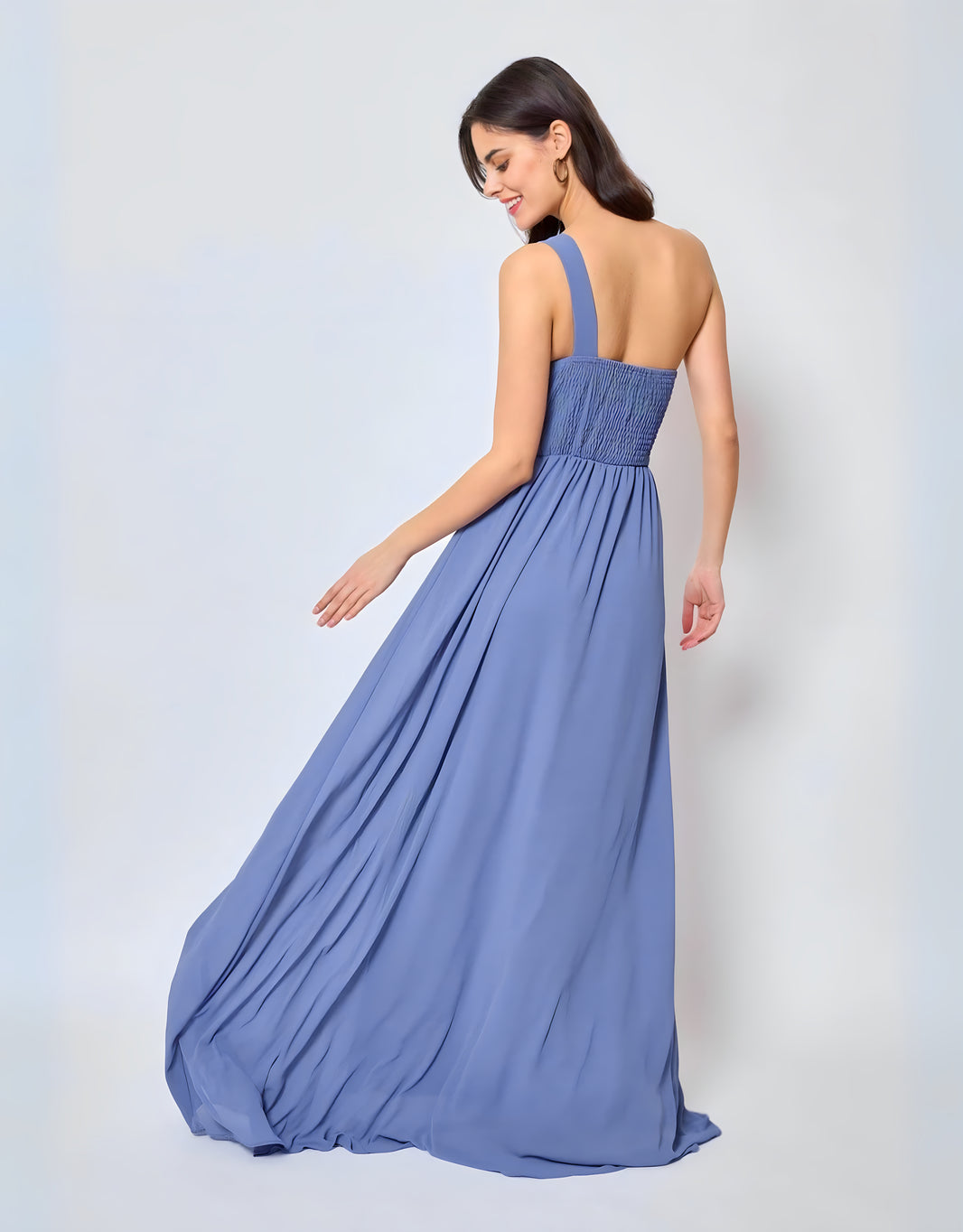 image One-Shoulder Abendkleid mit Drapierung und flexiblem Rücken | Jeansblau