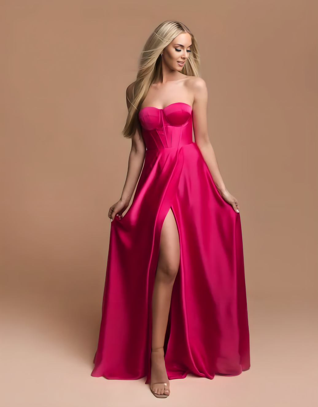Abendkleid mit Corsage, Rückenschnürung und hohem Beinschlitz | Fuchsia Pink