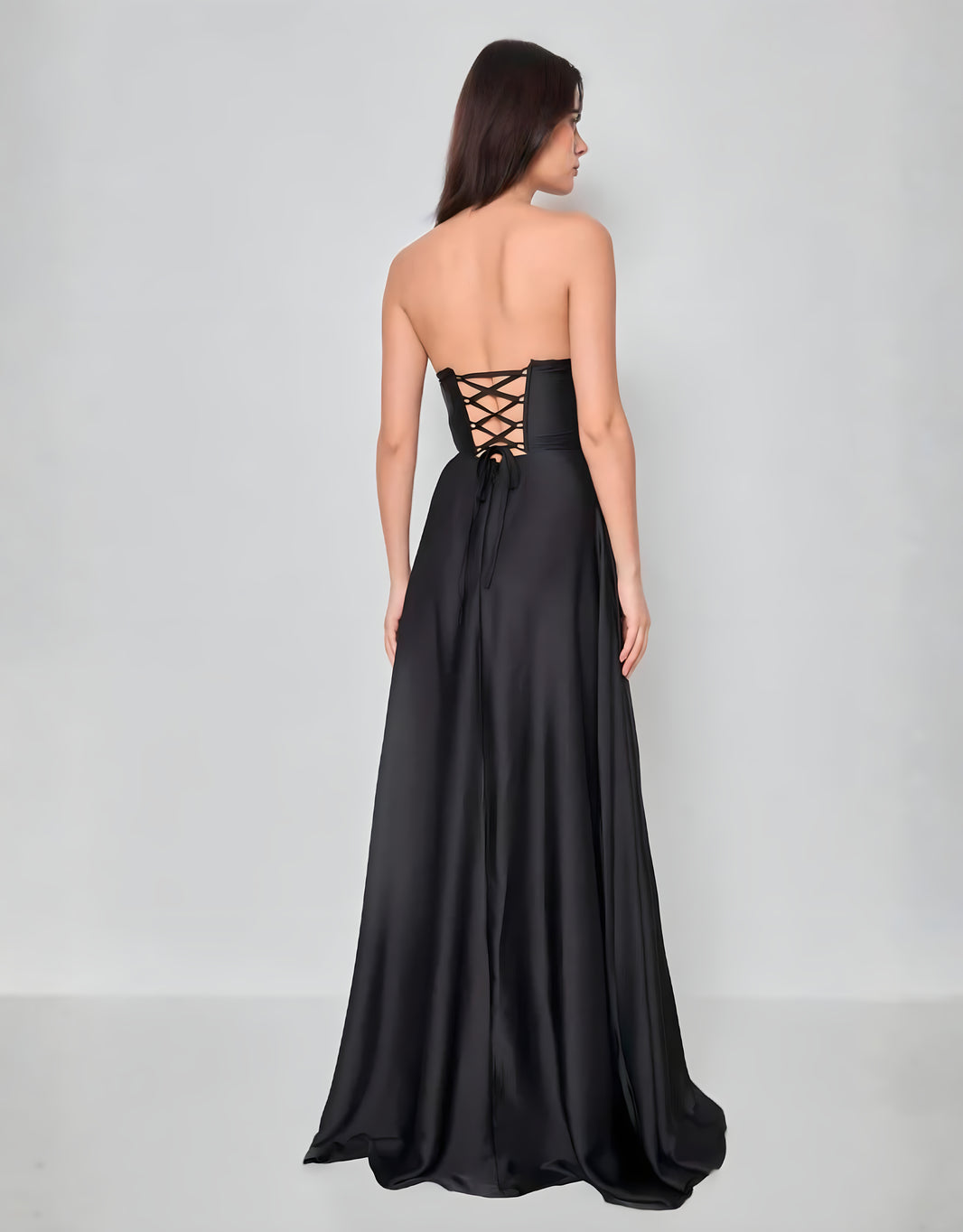image Abendkleid mit Corsage, Rückenschnürung und hohem Beinschlitz | Schwarz