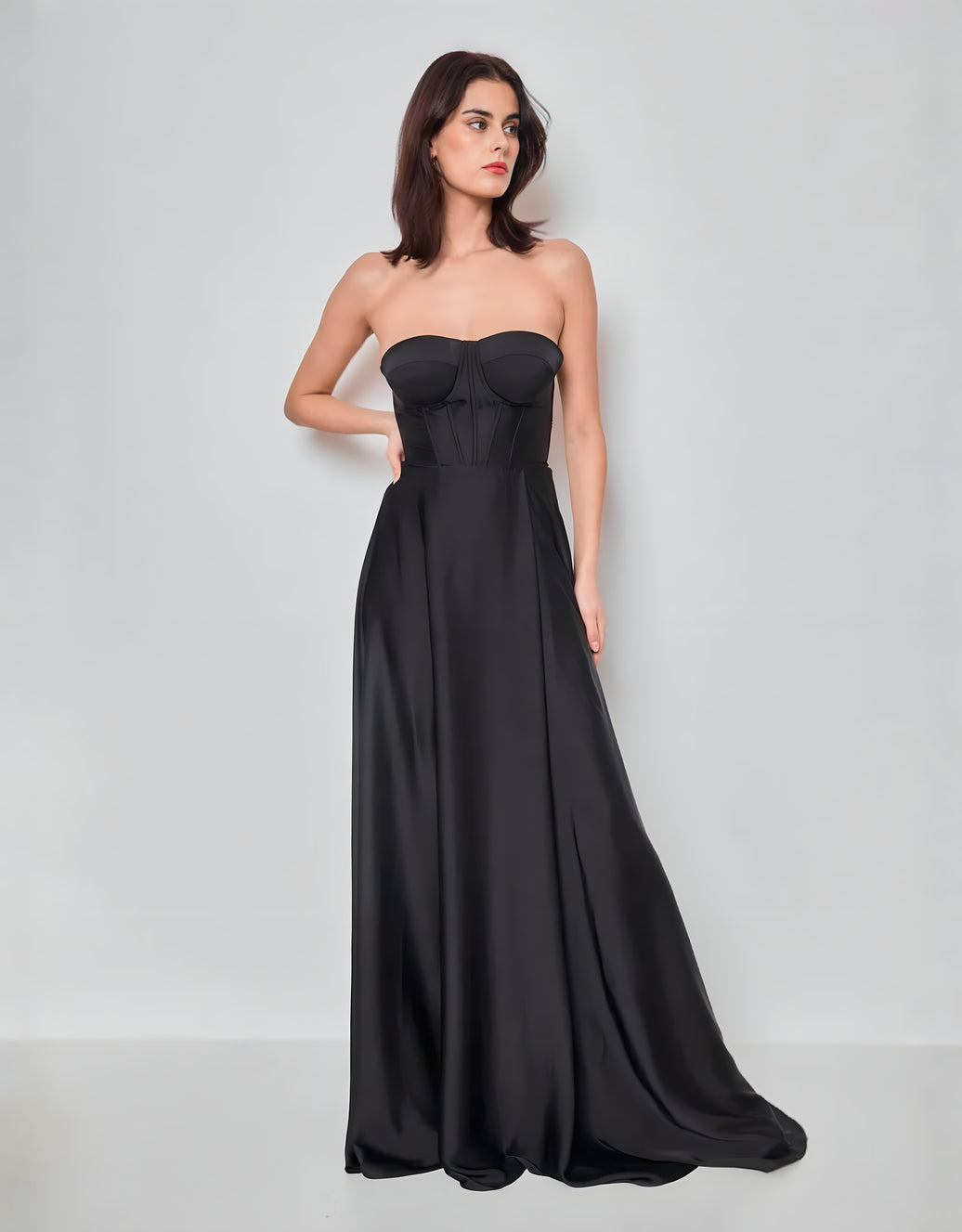 Abendkleid mit Corsage, Rückenschnürung und hohem Beinschlitz | Schwarz