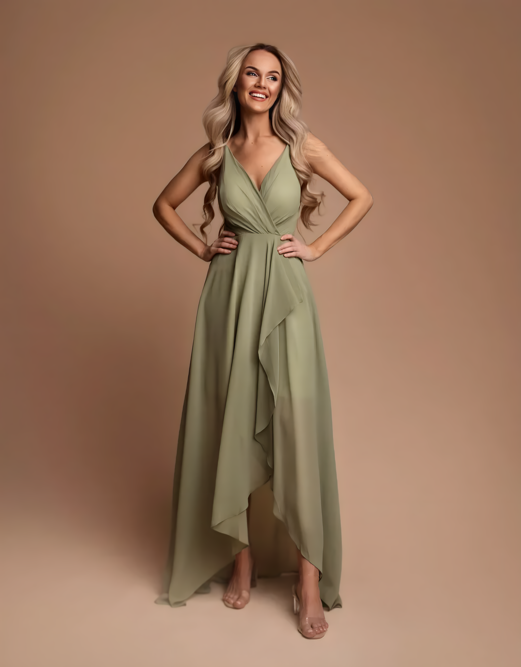 Fließendes High-Low-Abendkleid mit Wickeloptik und V-Ausschnitt | Salbeigrün - QS