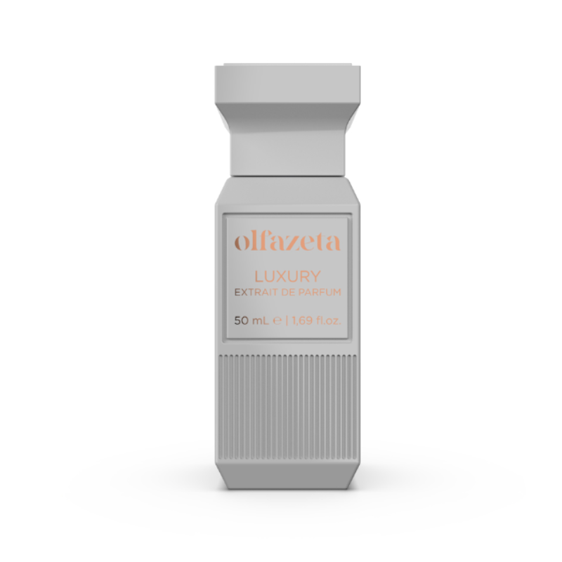 Weißer Flakon der Olfazeta Luxury Line – Extrait de Parfum, 50 ml, mit vertikalem Rillen-Design und roségoldenem Etikett vor weißem Hintergrund