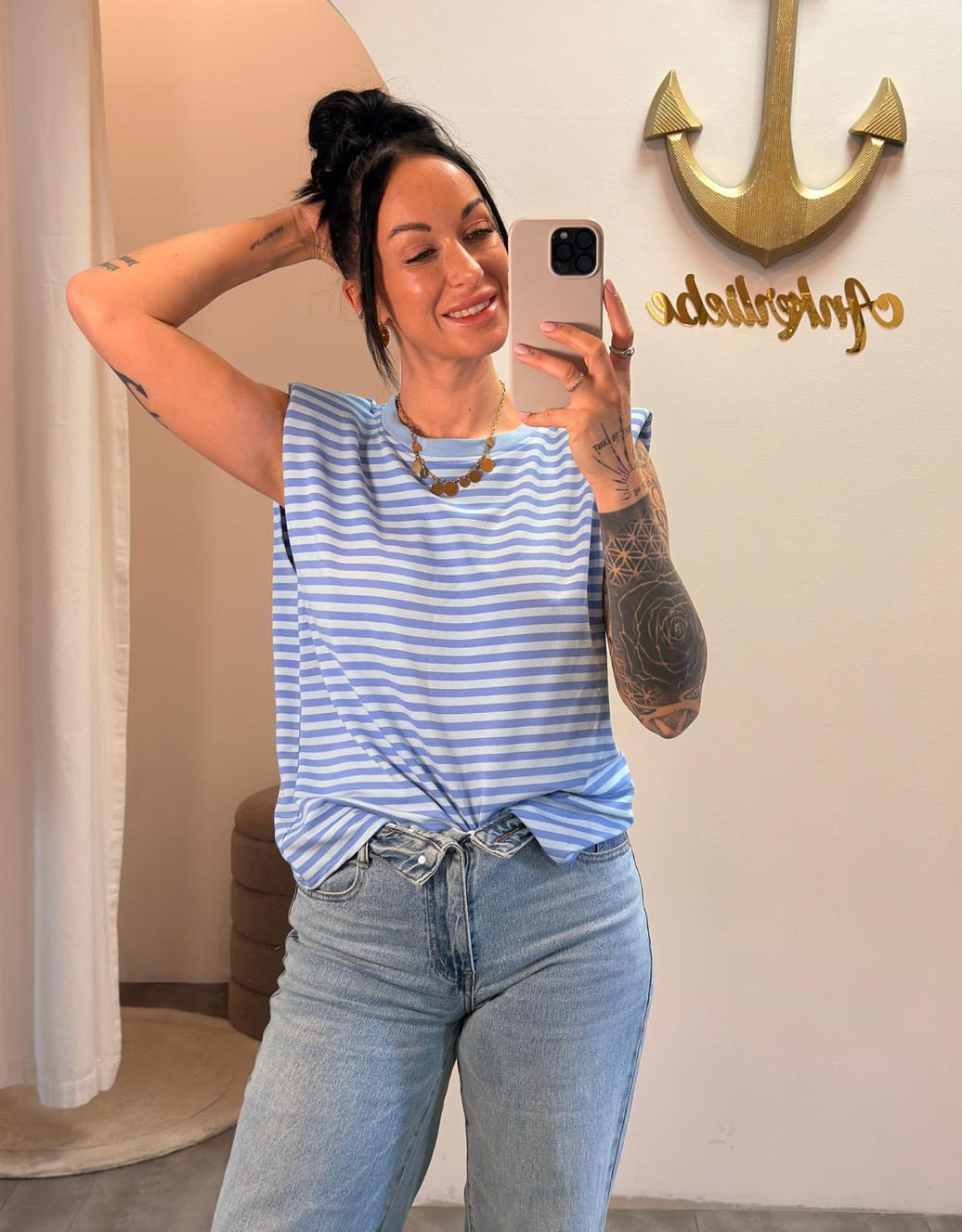 ärmelloses gestreiftes shirt | hellblau