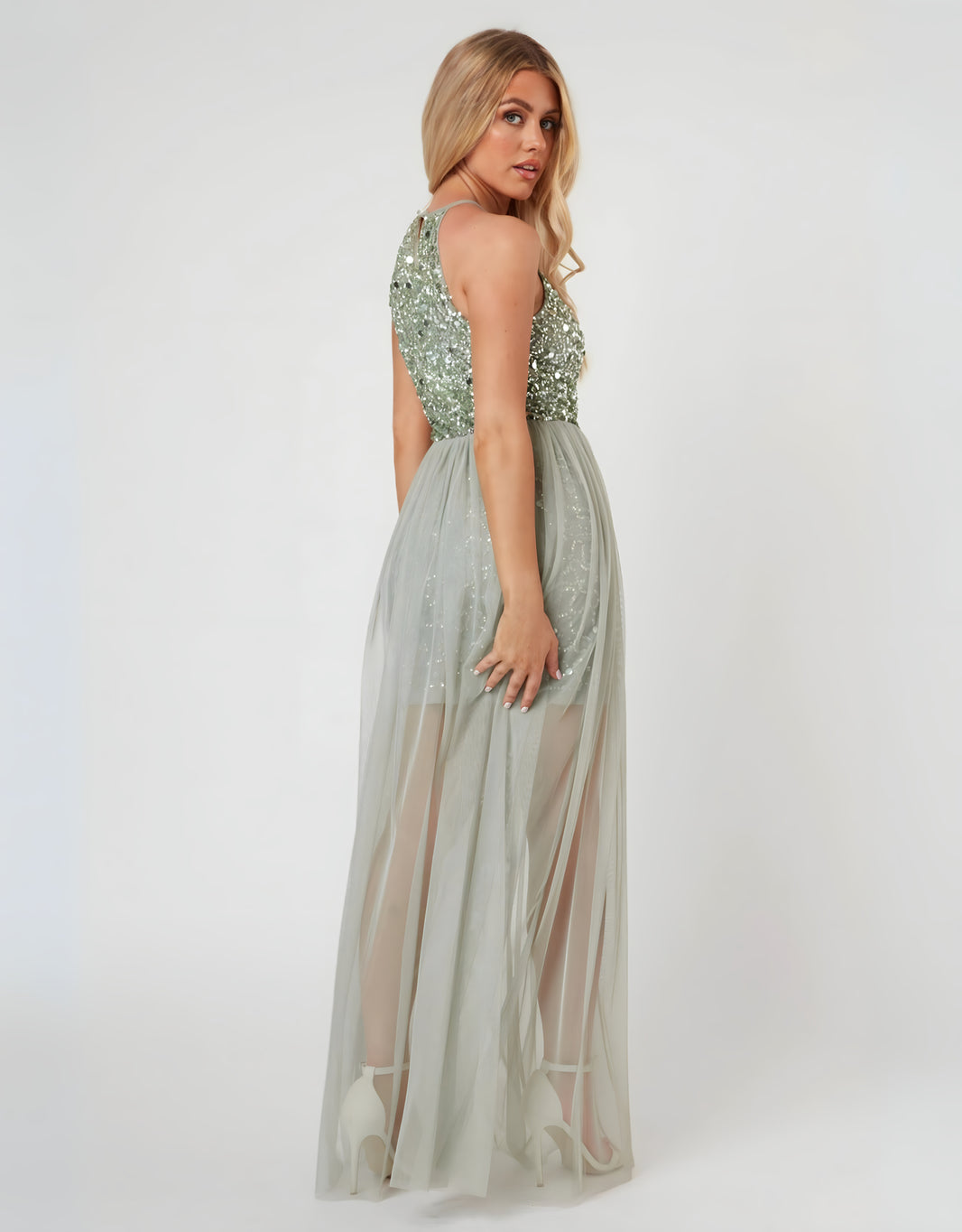 image Abendkleid mit Tüll, Pailletten-Oberteil und Schlüsselloch-Ausschnitt | Helles Salbei