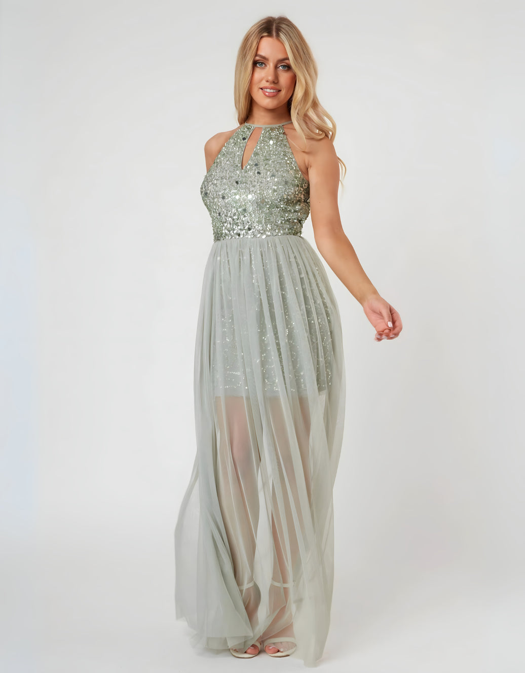 Abendkleid mit Tüll, Pailletten-Oberteil und Schlüsselloch-Ausschnitt | Helles Salbei