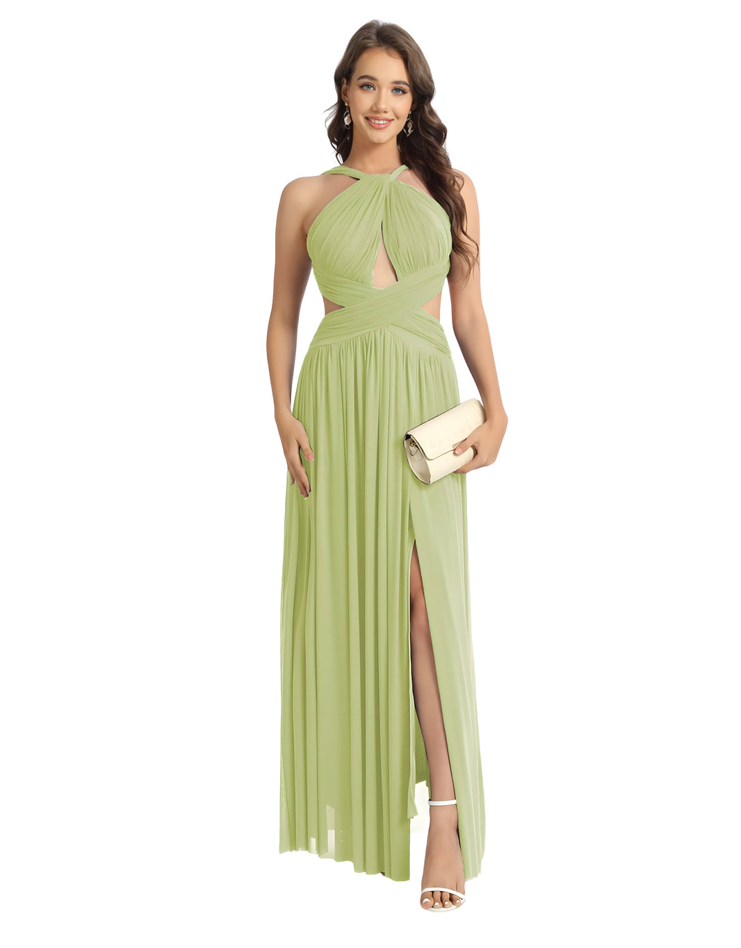 elegantes abendkleid mit cut-outs, wickeloptik & beinschlitz | pastellgrün