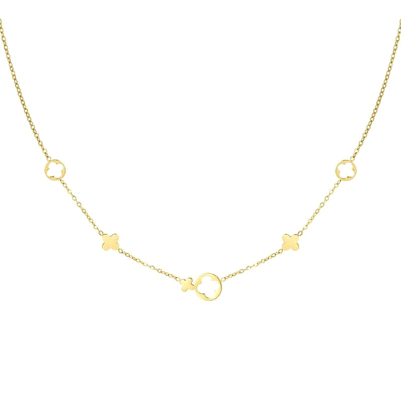 Goldene Edelstahlhalskette mit Blütenelementen auf weißem Hintergrund