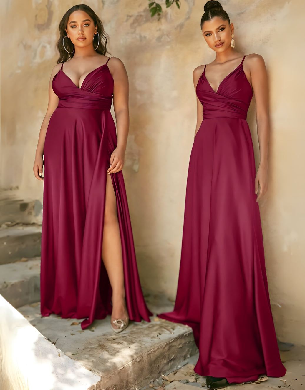 abendkleid in a-linie mit wickeloptik, v-ausschnitt und hohem beinschlitz | burgund