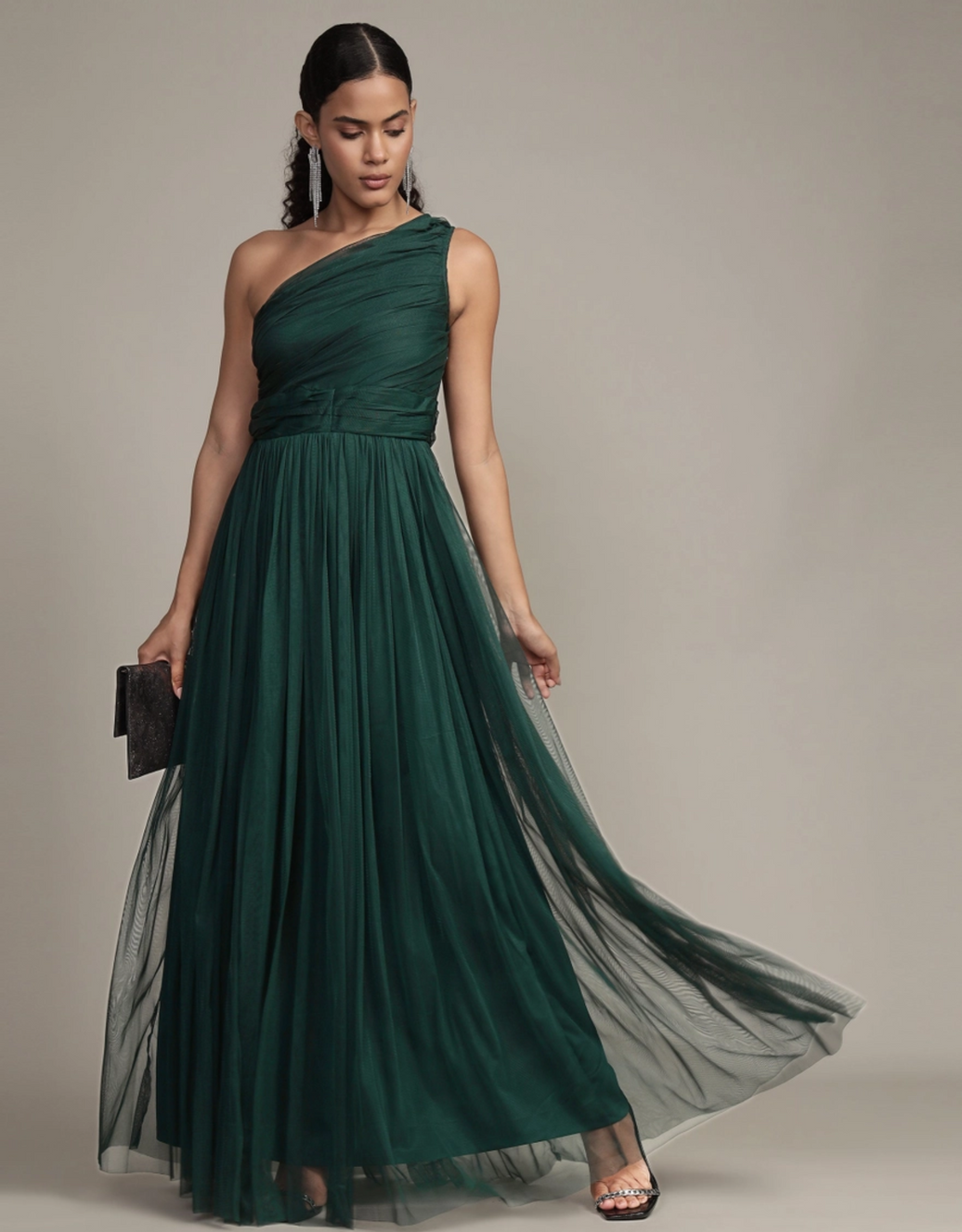 Abendkleid mit One-Shoulder-Design, Tüllrock und gerafftem Oberteil | Smaragd