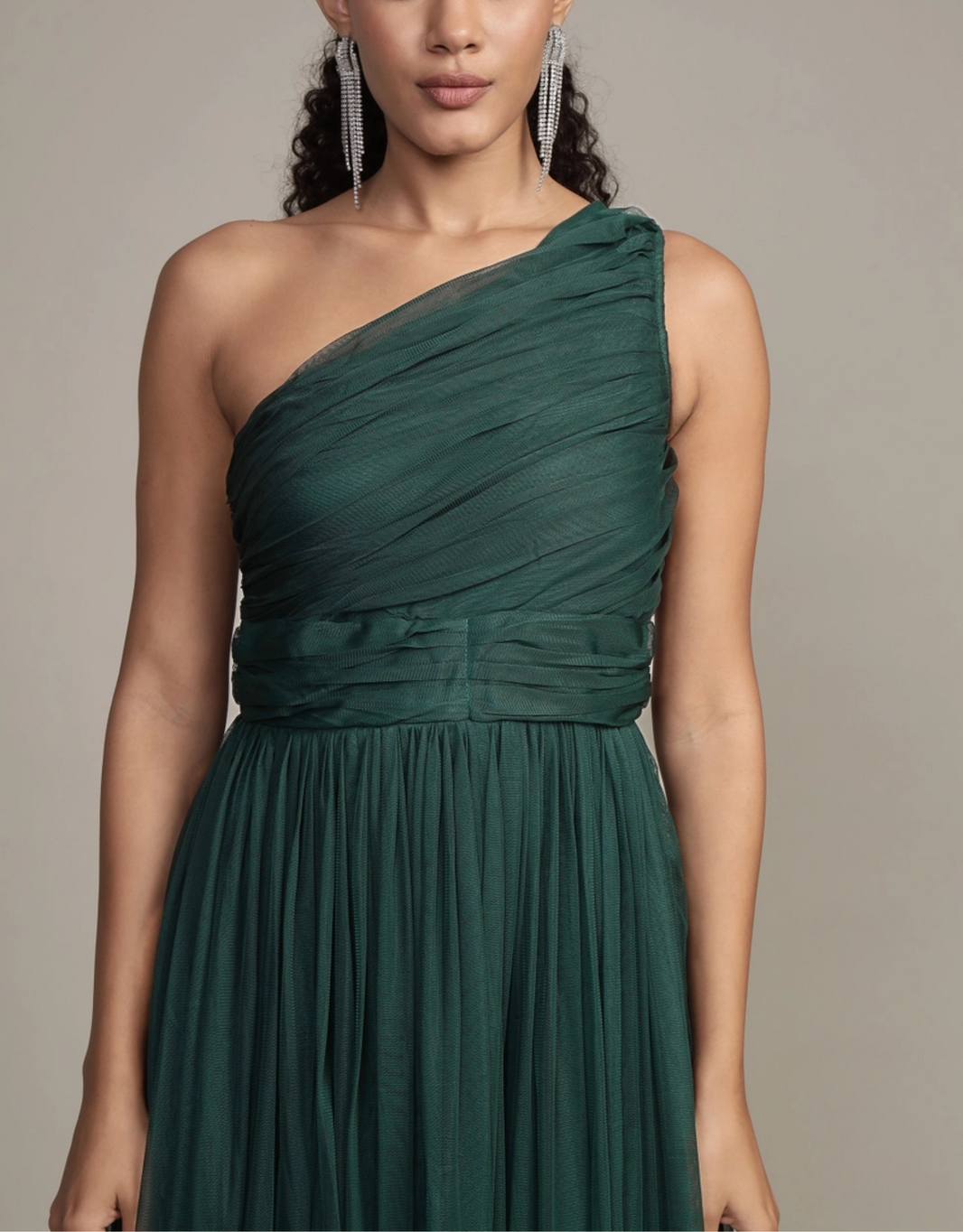 image Abendkleid mit One-Shoulder-Design, Tüllrock und gerafftem Oberteil | Smaragd