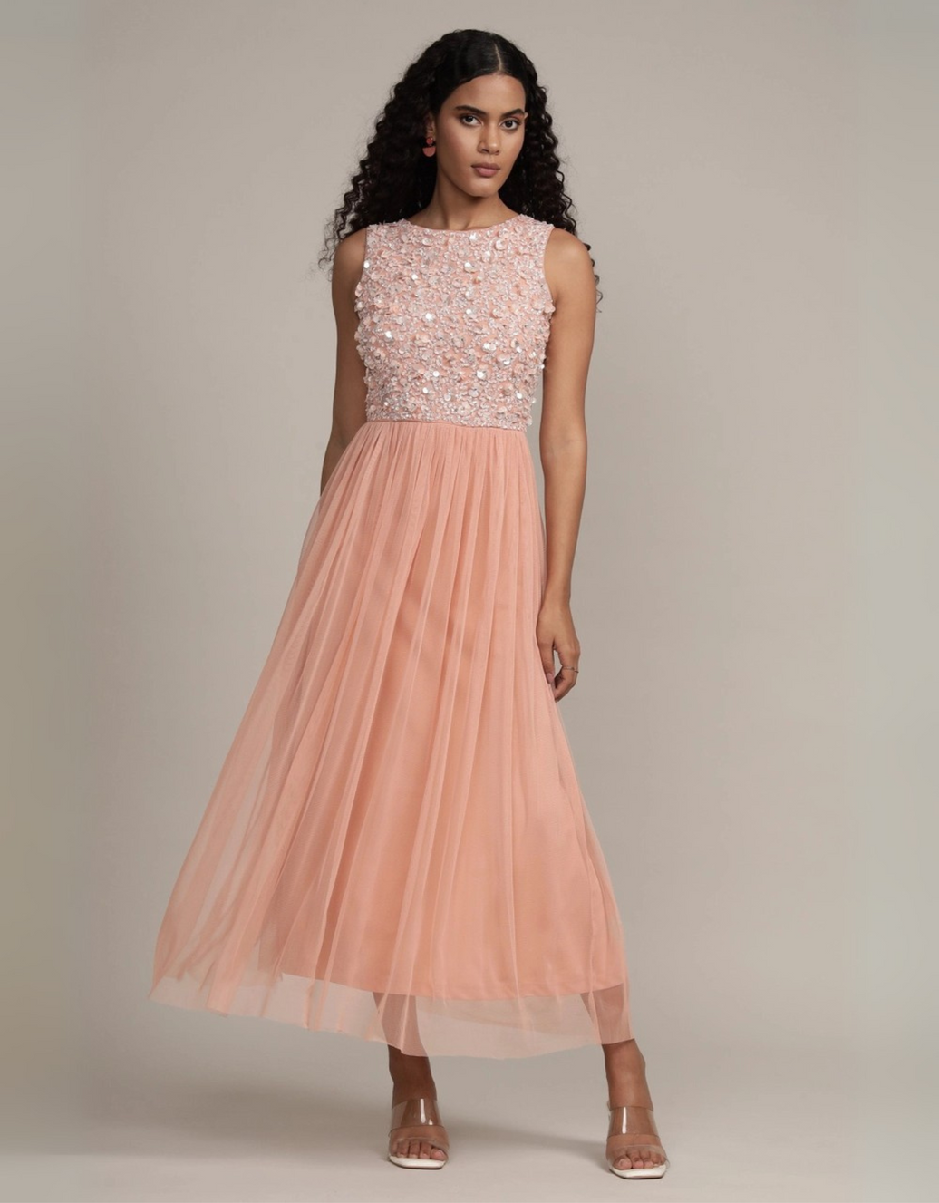 Elegantes Midikleid mit besticktem Oberteil, Tüllrock und Rundhalsausschnitt | peach/zartrosa