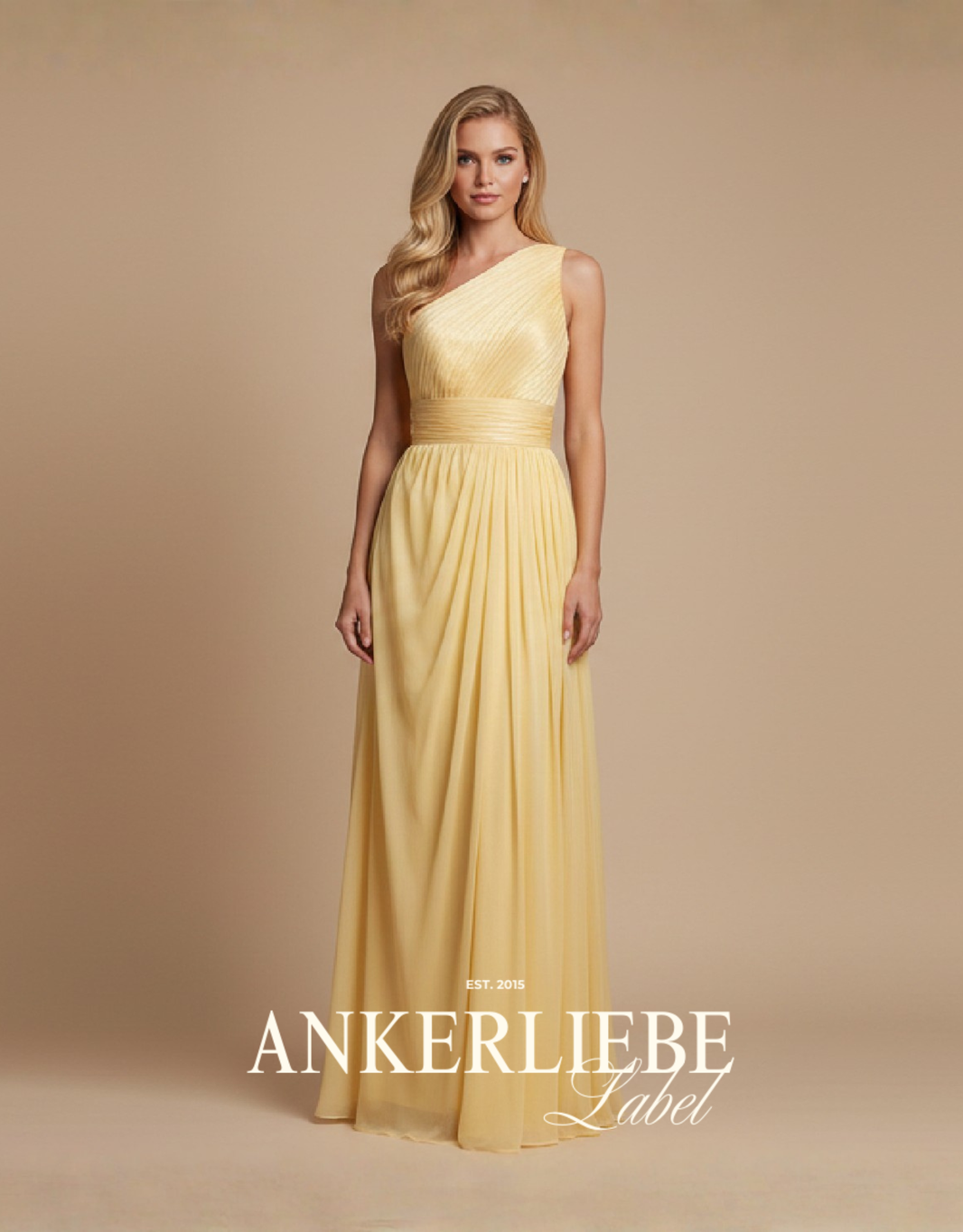 one-shoulder-abendkleid aus schimmerndem chiffon mit flexiblem rücken | butteryellow