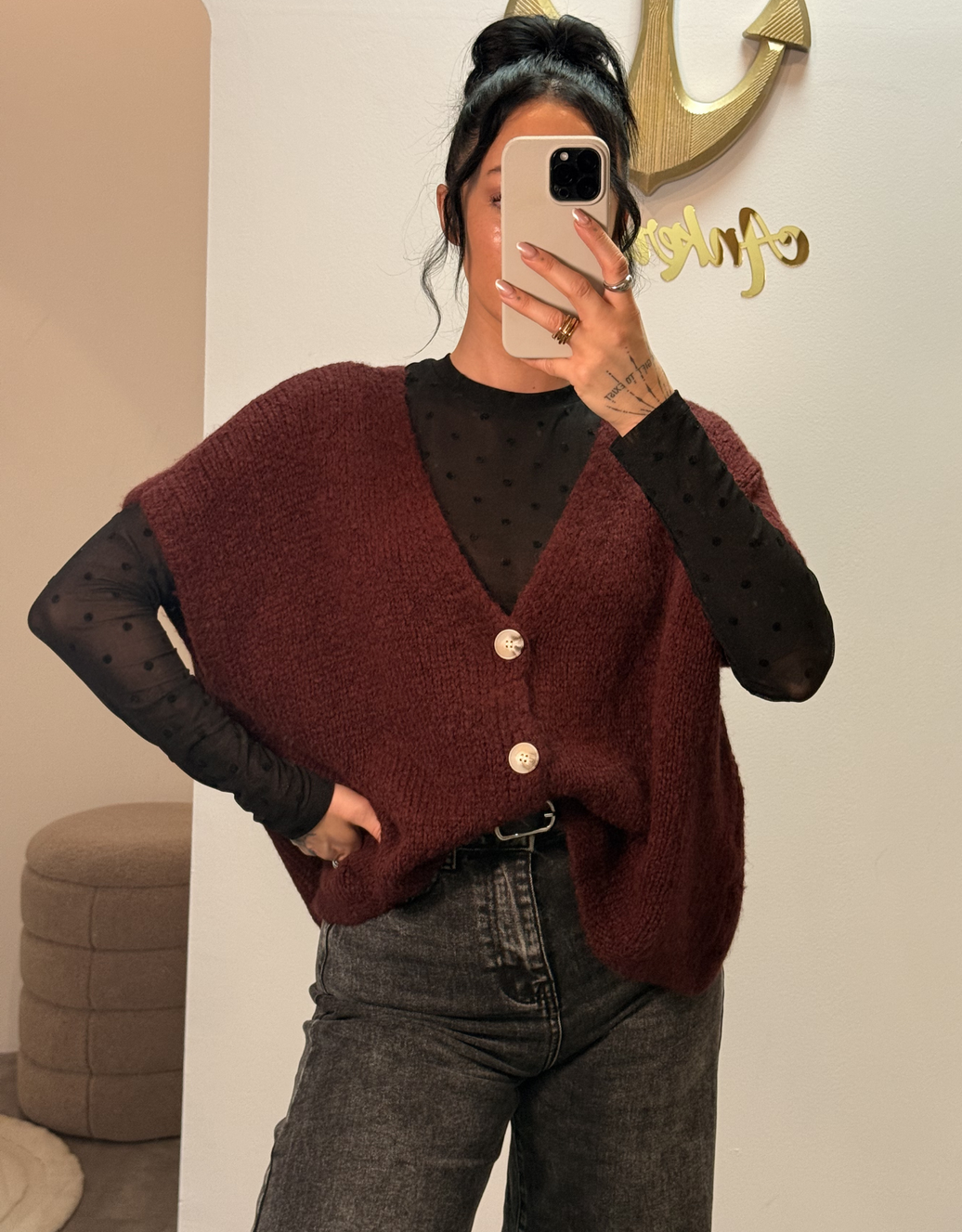 oversized pollunderweste | burgund | schwarz | beige