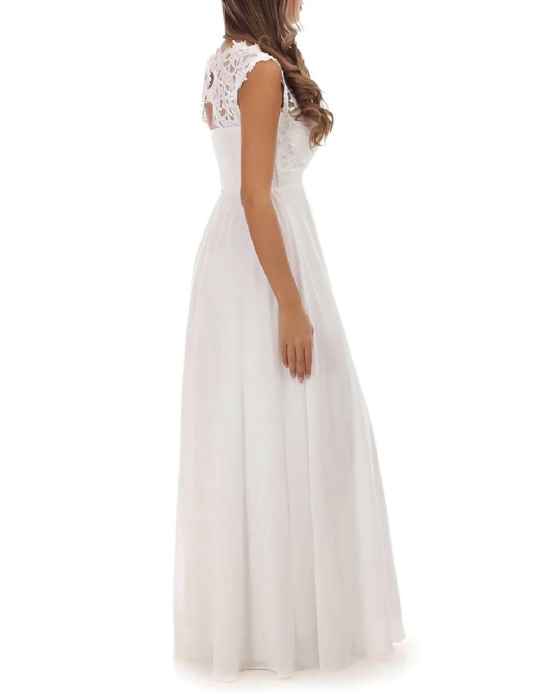 image Elegantes A-Linien-Abendkleid mit Spitzenoberteil, flexiblem Rücken & fließendem Rock | Weiß