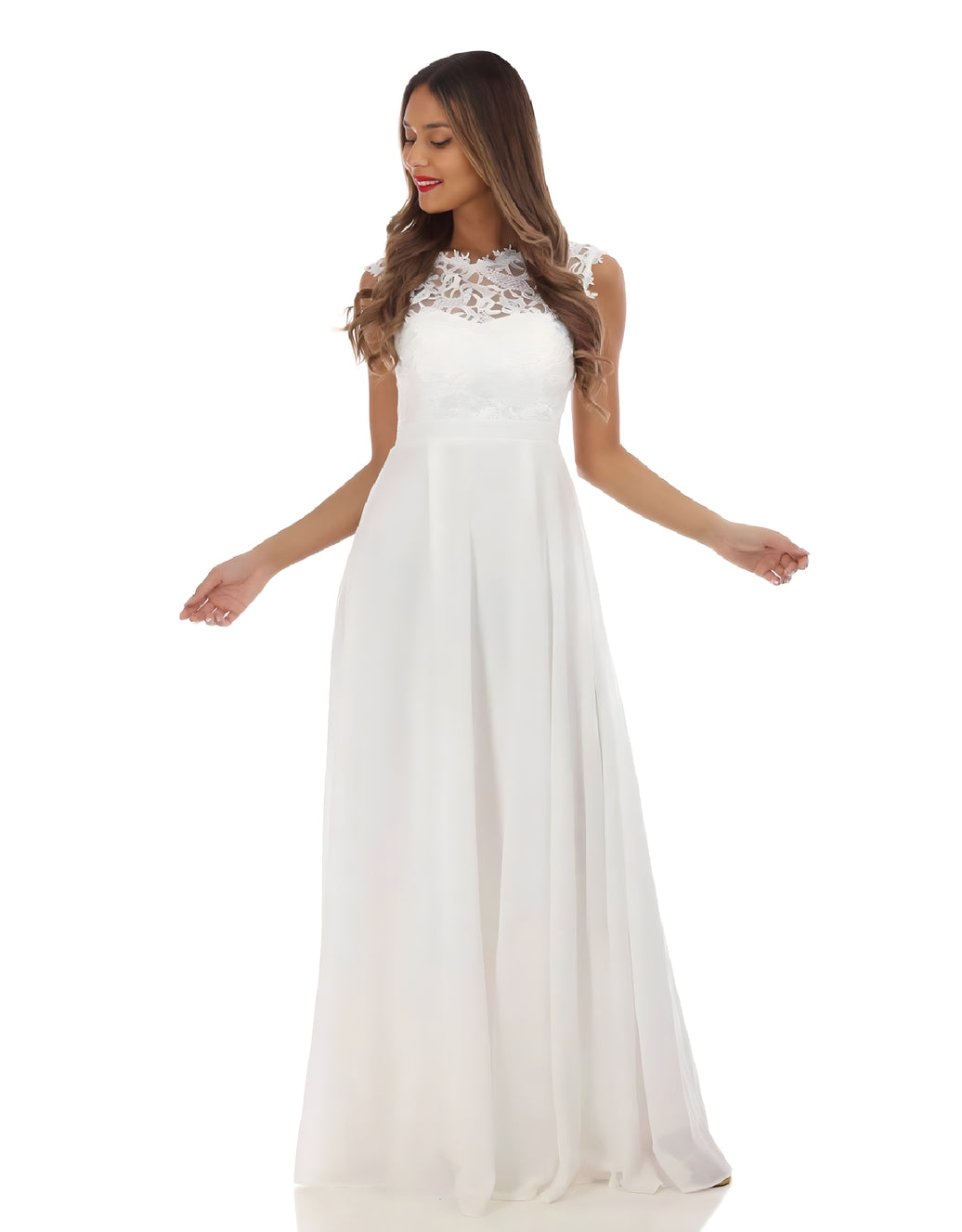 Elegantes A-Linien-Abendkleid mit Spitzenoberteil, flexiblem Rücken & fließendem Rock | Weiß