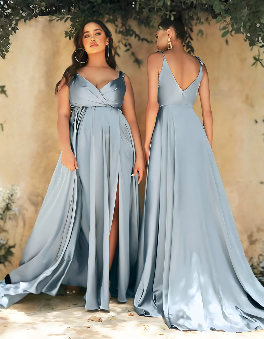 Elegantes A-Linien-Abendkleid mit Drapierung und Beinschlitz | Staubiges Blau