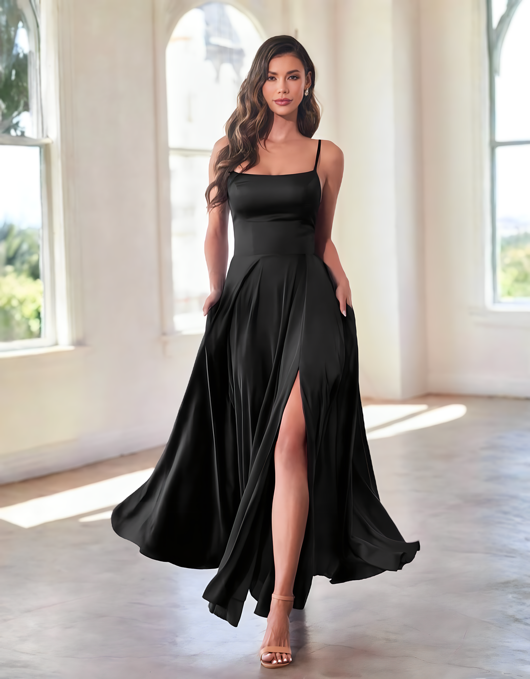 Glänzendes Abendkleid in A-Linie mit feinen Spaghettiträgern, Rückenschnürung & Beinschlitz| Schwarz