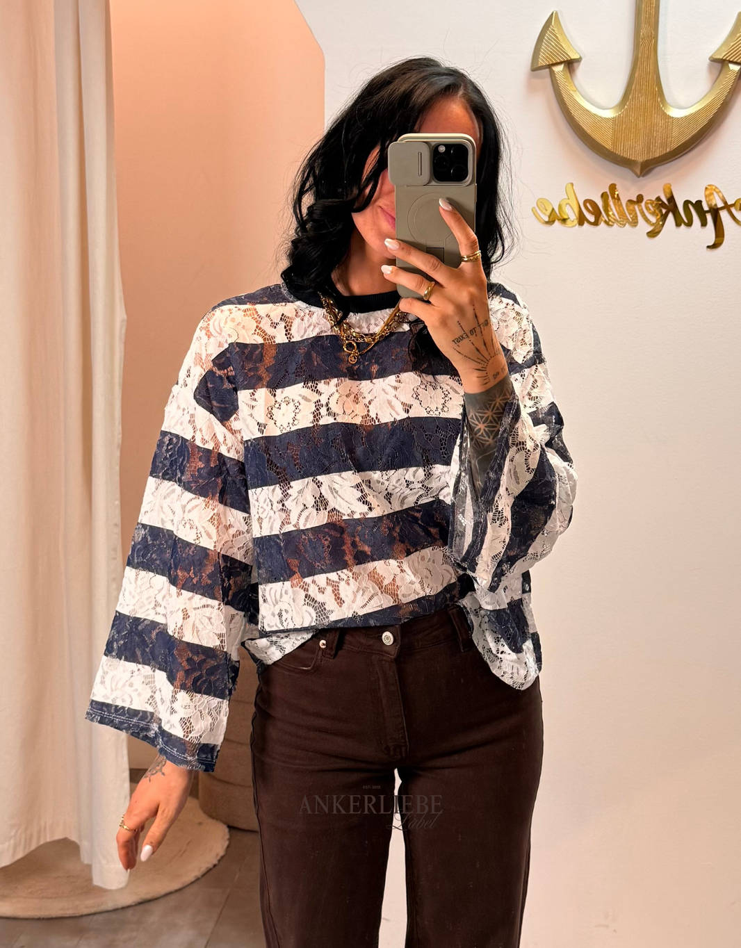 gestreiftes spitzen-shirt langarm | oversized | weiß/blau